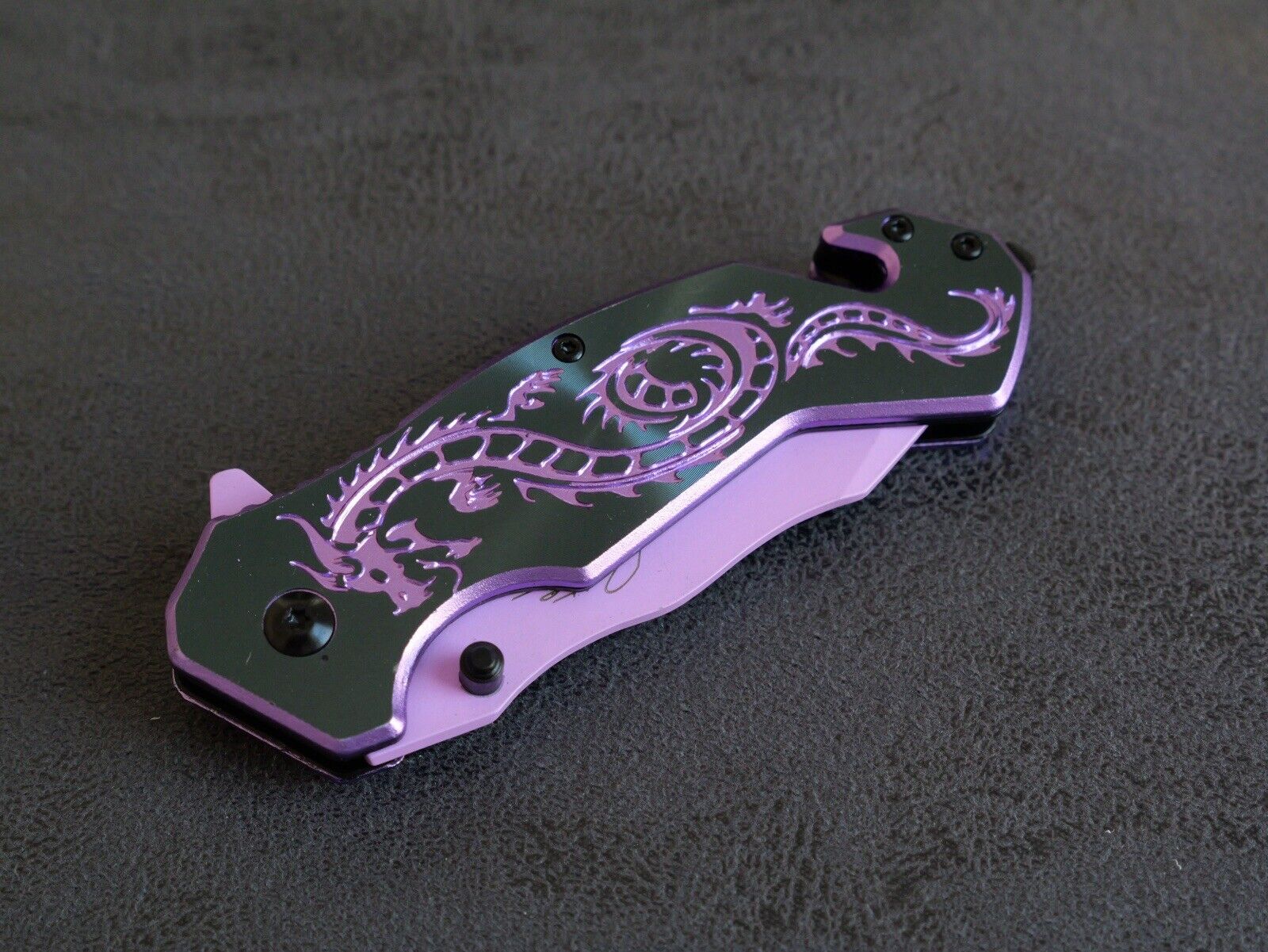 Pink Spring Assist Knife Dragon Full Size Window Punch Belt Cutter Pocket Knife