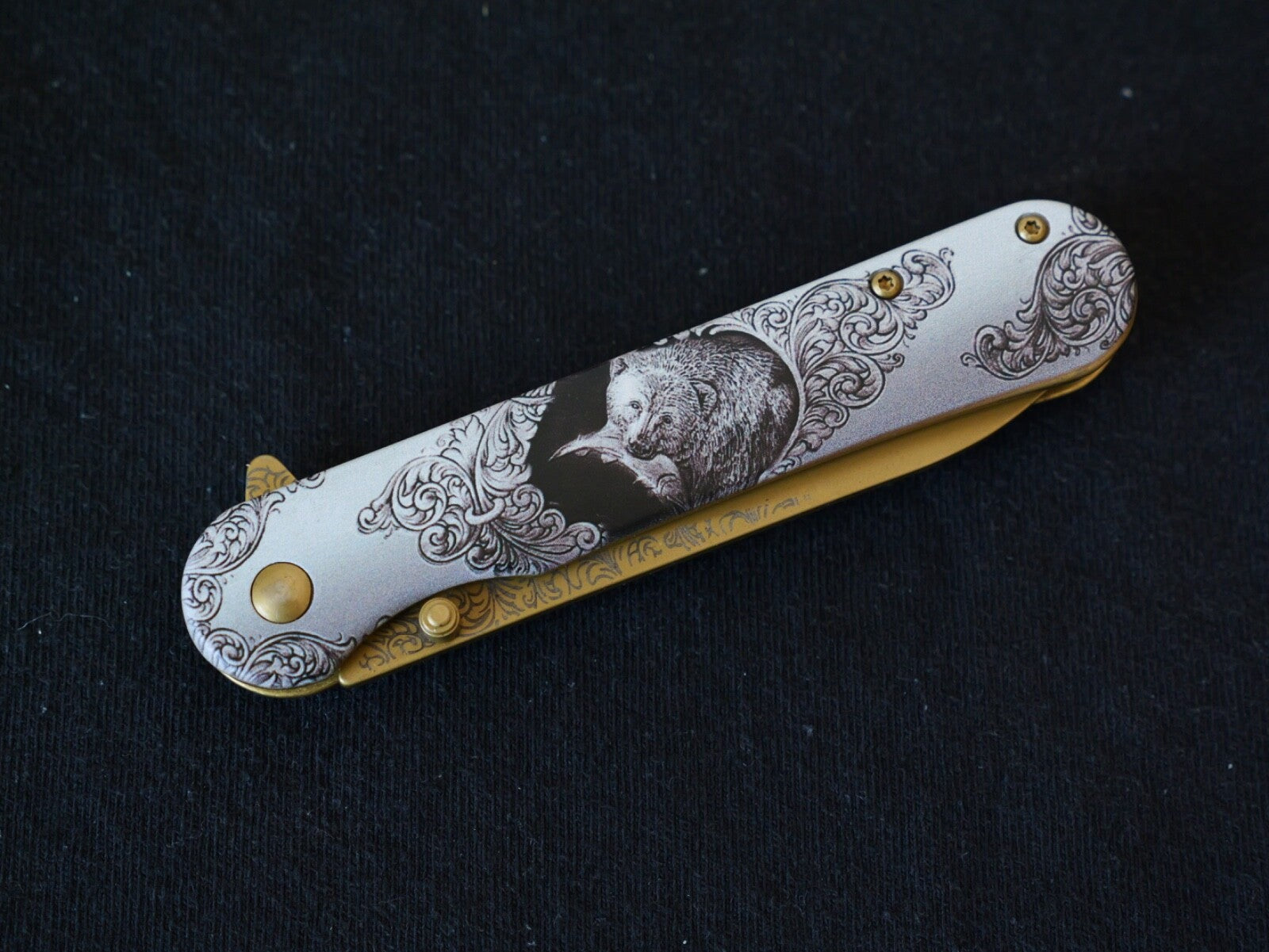 Gold Bear Spring Assist Pocket Knife Victorian Era Grizzly Ornate Full Metal 8”