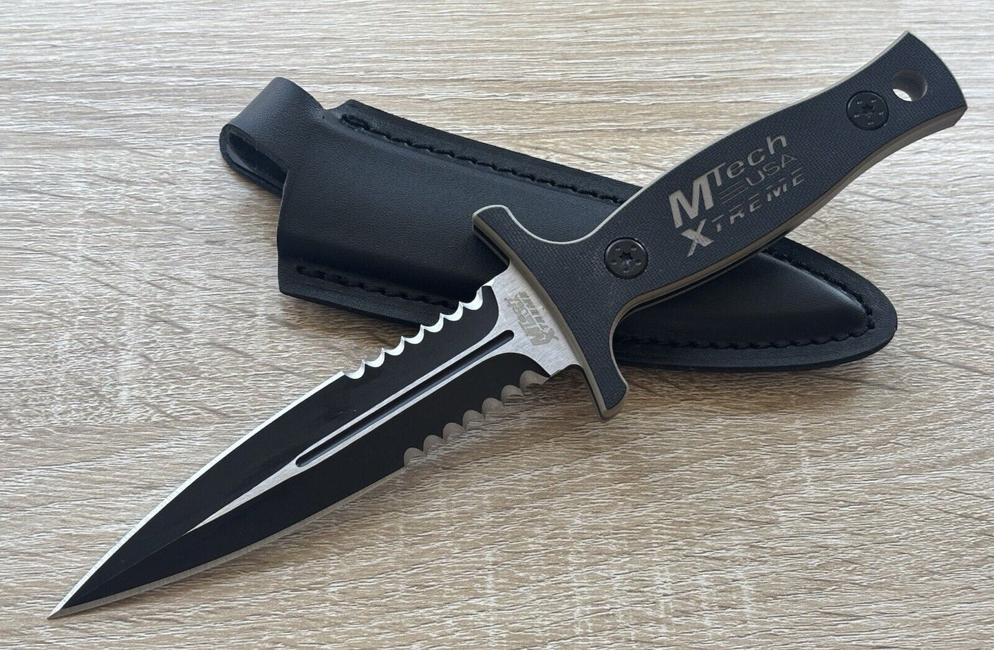 9” Boot Knife Heavy Duty Full Tang Spear Point Stealth Black Leather Sheath 