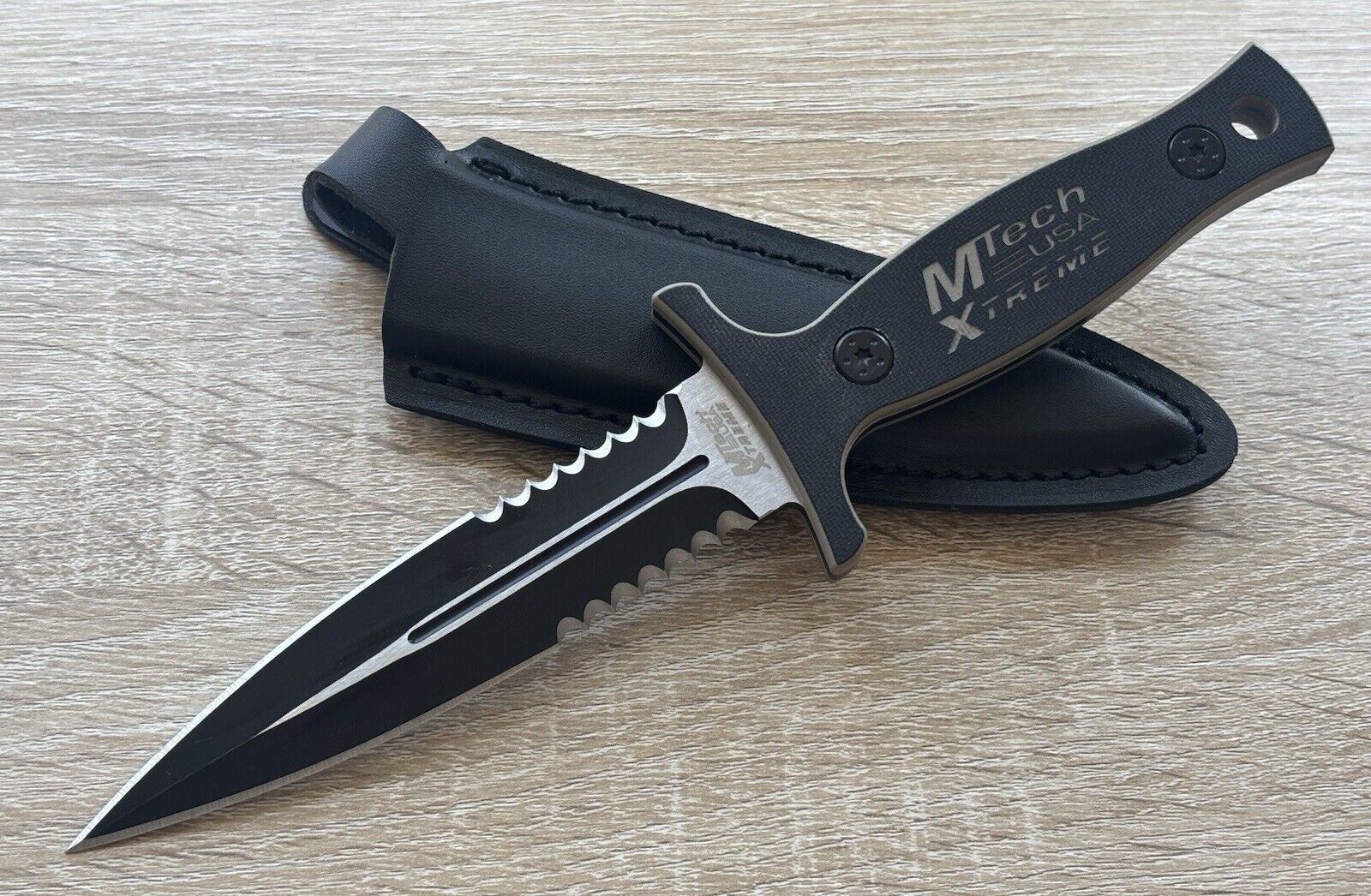 9” Boot Knife Heavy Duty Full Tang Spear Point Stealth Black Leather Sheath 