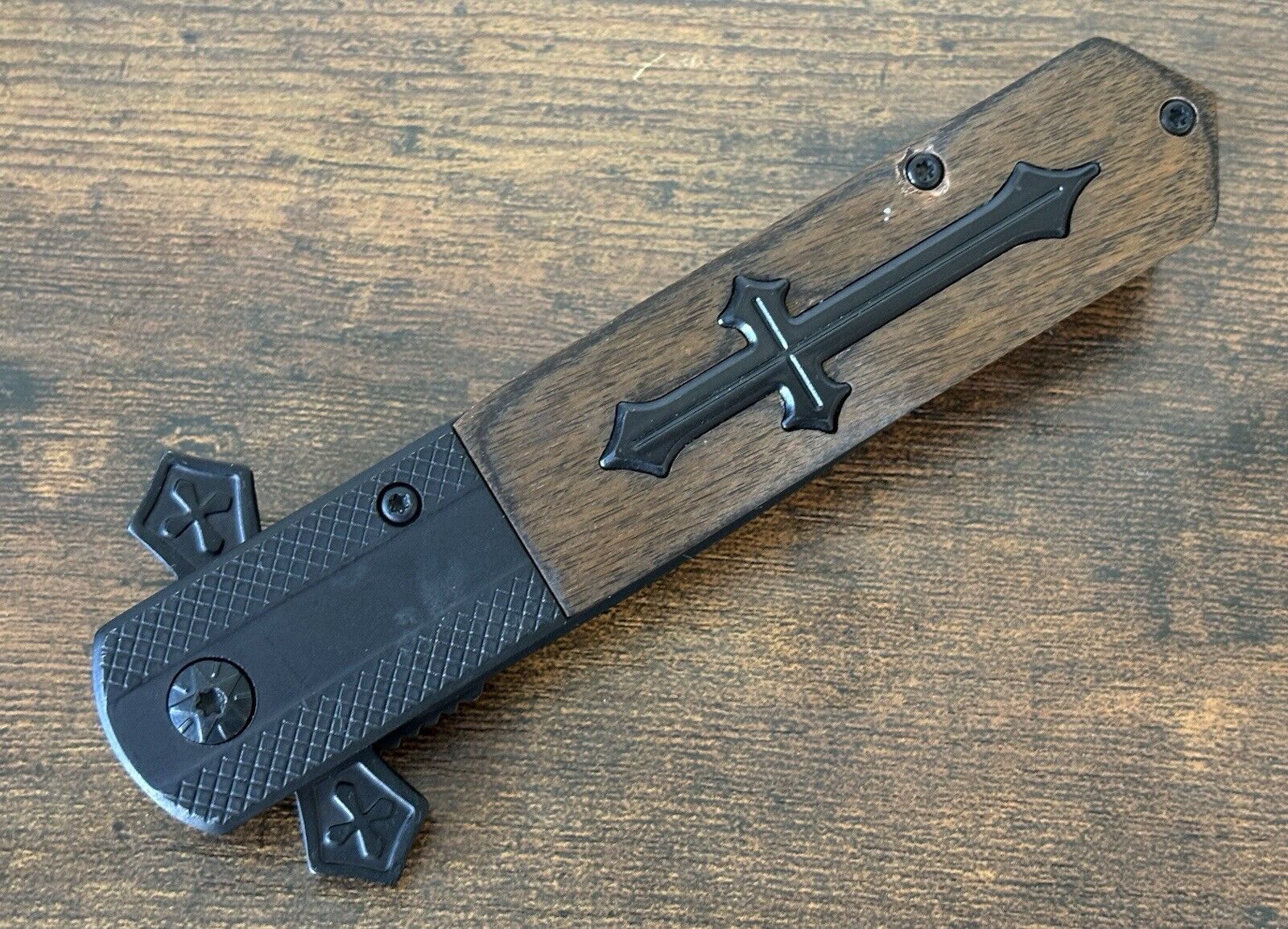 5” Cross Pocket Knife Crusader Matte Black Ebony Wood Sharp Spear Point Christ