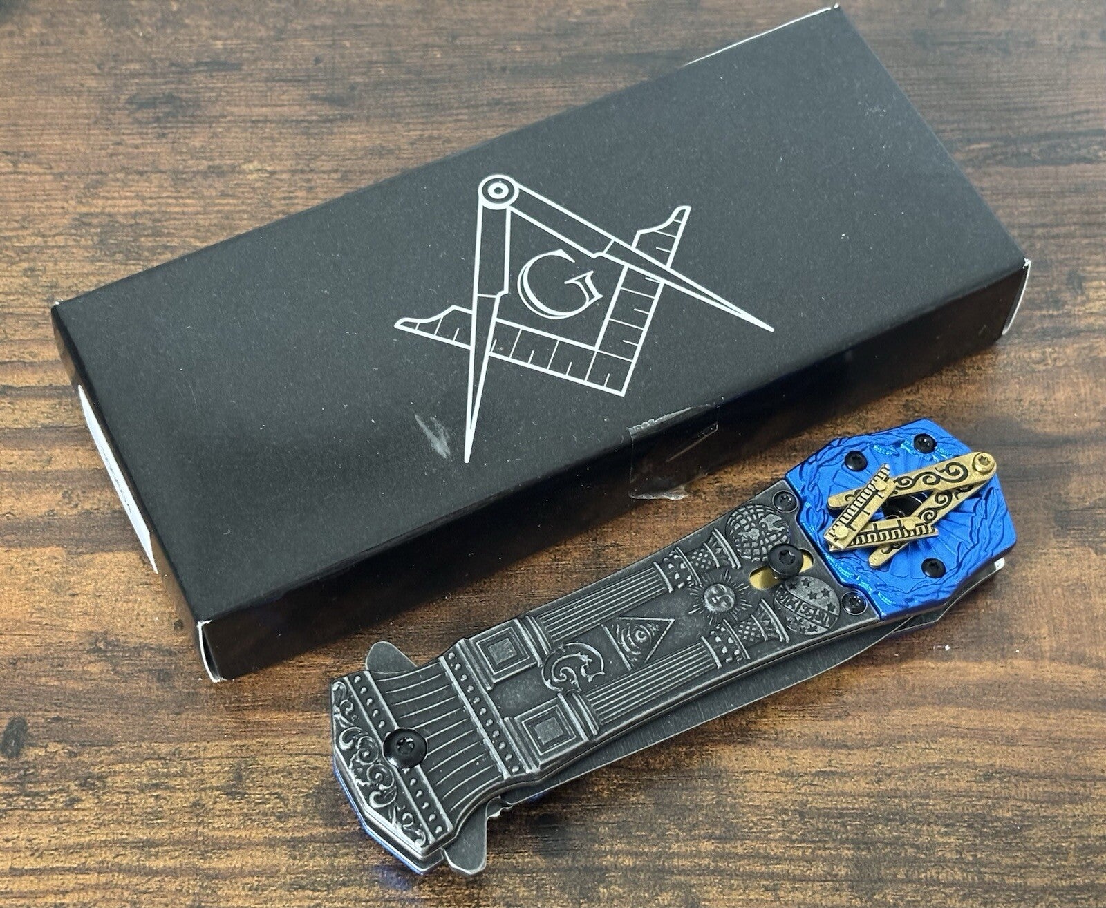 Mason Knife Spring Assist Pocket Knife Blue Gray Belt Clip Spear Point G Masonic