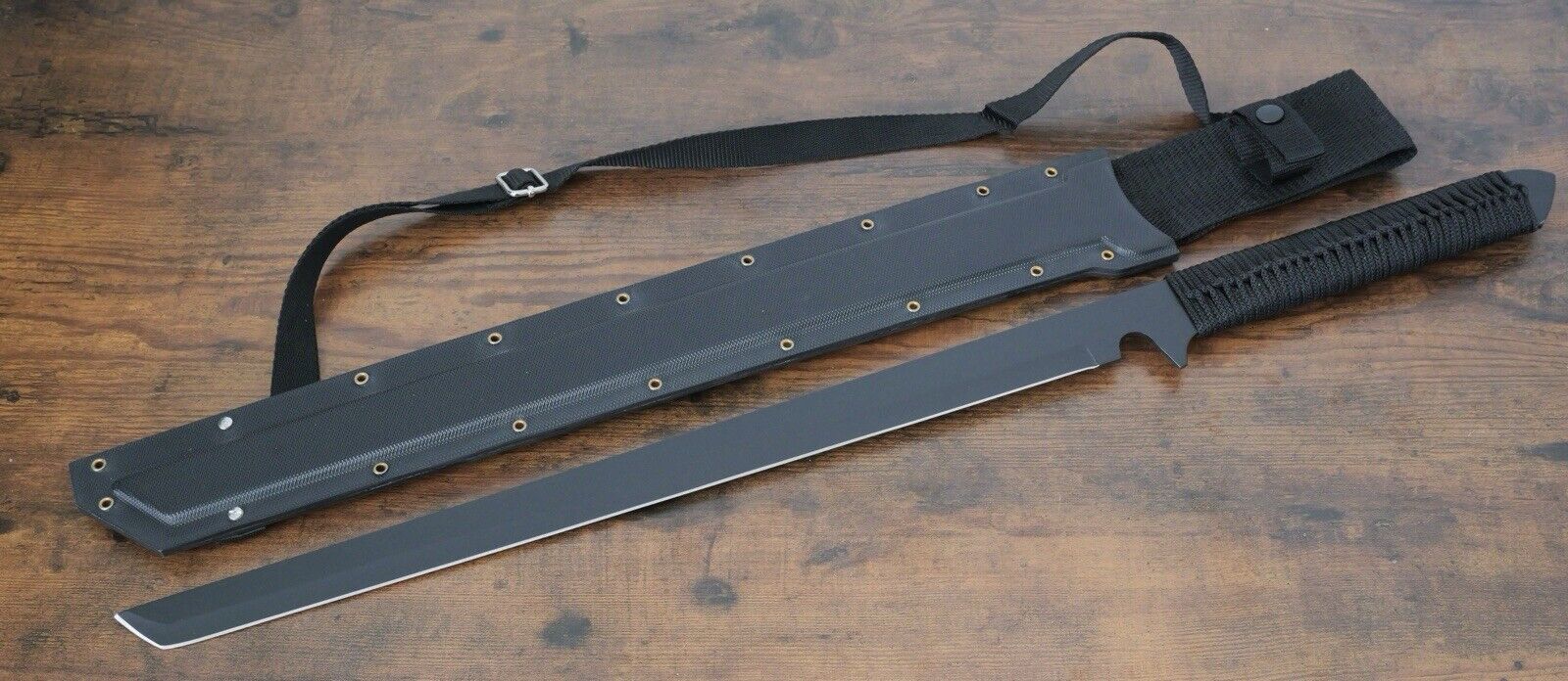 26” Ninja Sword Stealth Black Hard Sheath Shadow Ops Back Strap Stealth Tanto