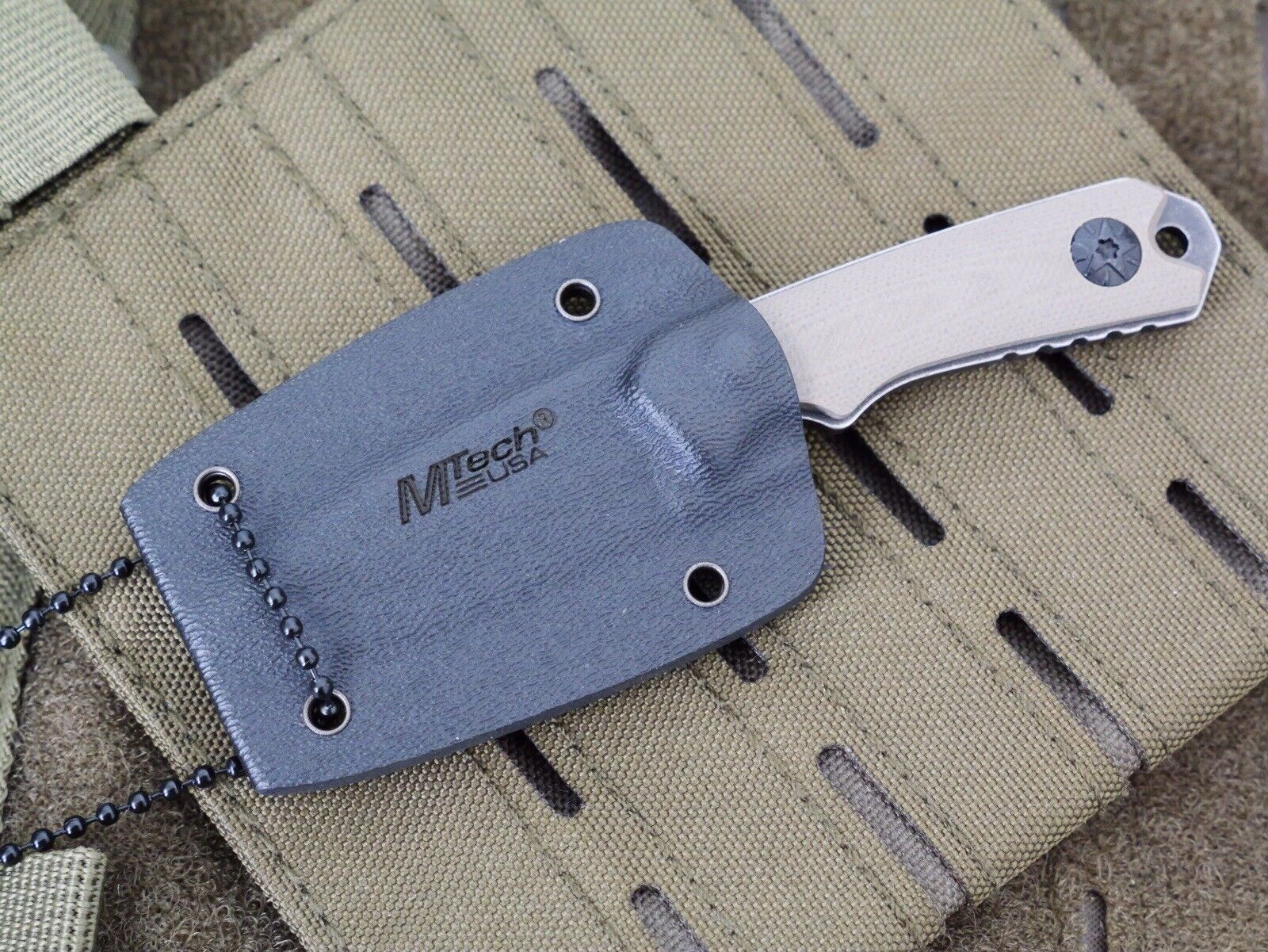 5” Neck Knife Mini Tactical Kydex Sheath Full Tang G10 Scales Tan Ball Chain EDC