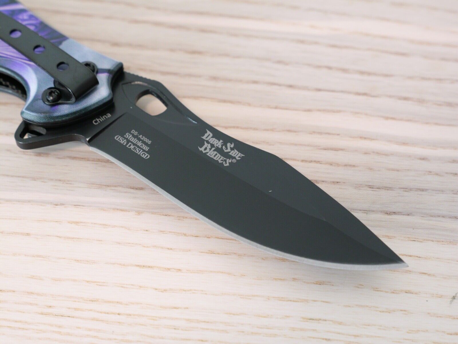 Purple Dragon Spring Assist Pocket Knife Full Metal Black Belt Clip Art Large