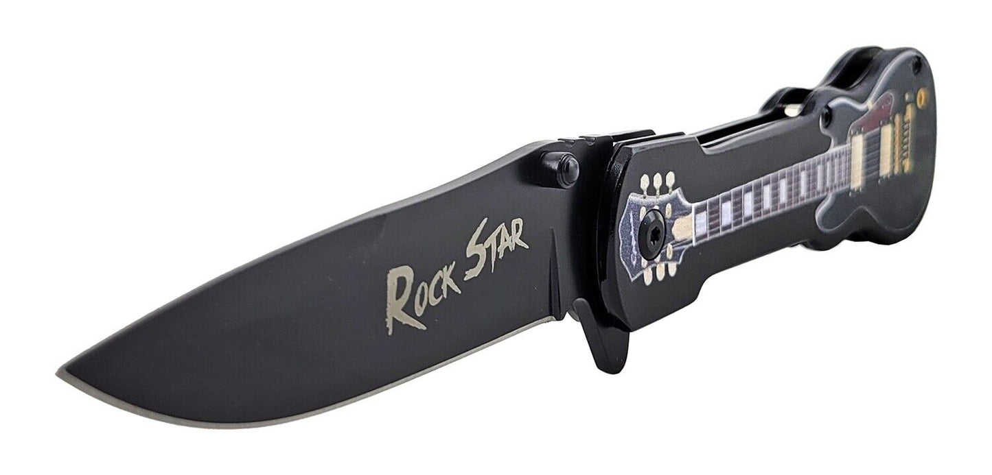 Full Size Guitar Style Handle Spring Assisted Metal Pocket Knife Rockstar Black
