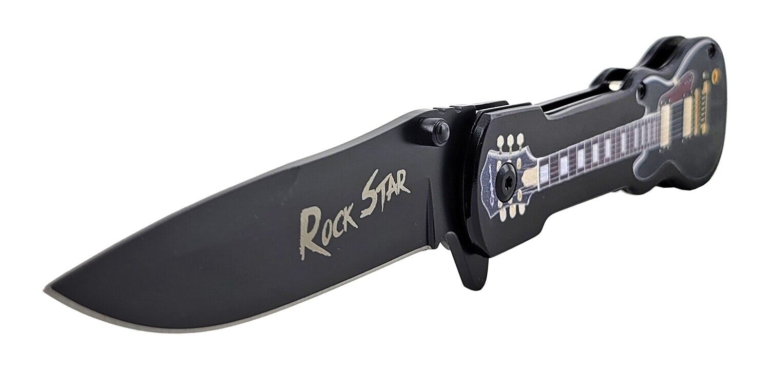 Full Size Guitar Style Handle Spring Assisted Metal Pocket Knife Rockstar Black