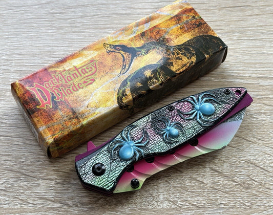 Pink Spider Pocket Knife Spring Assist All Metal Sharp Belt Clip Blue 