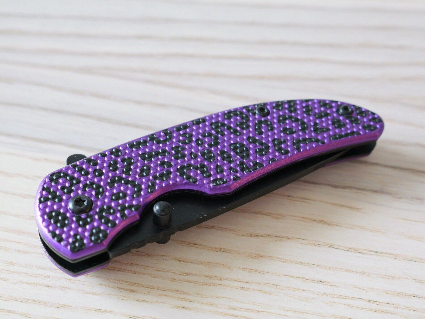 Purple Cheetah Pocket Knife Ladies Pretty Girly Folding Small 4” Sharp Black