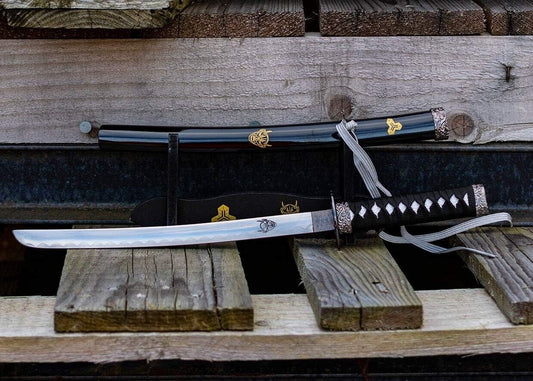 17" Mini Katana Samurai Sword With Wood Stand Black Gold Small Letter Opener