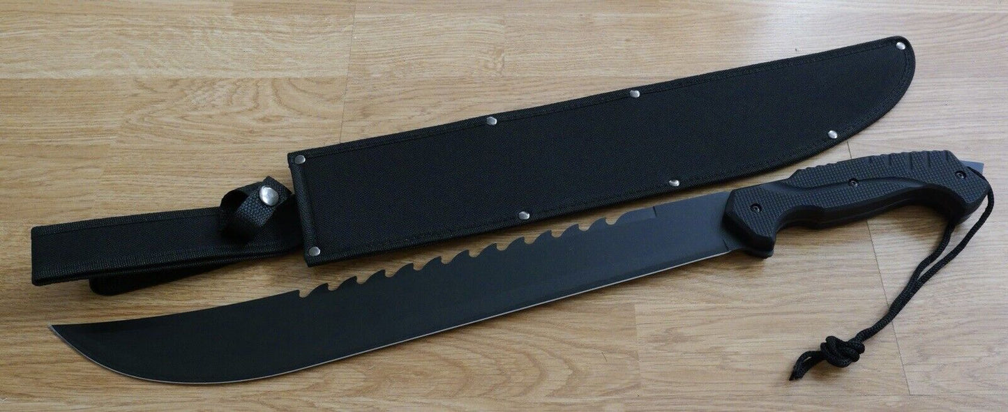 25” Black Machete Sawback Full Tang Rubber Handle Lanyard Glass Breaker Sheath