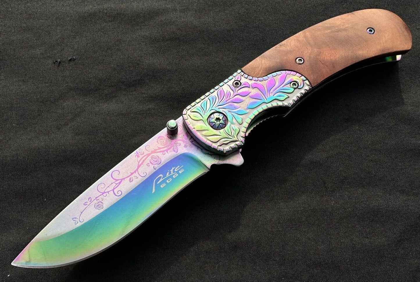 Folding Pocket Knife Rainbow Burlwood Handle Rose Engraved Design Full Size 🌹