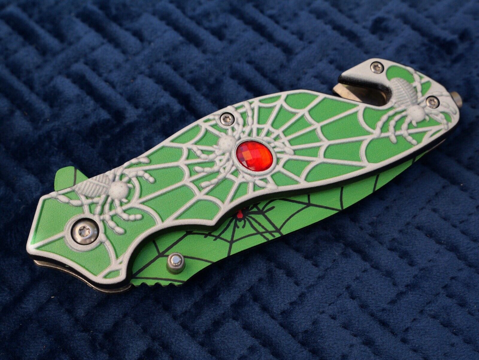 Green Pocket Knife Tanto Spider Web Window Punch Seat Belt Cutter Assisted Sharp