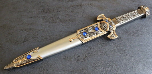 13” Bronze Dagger Metal Sheath Sapphire Gold Etch Blade Tribal Ceremonial Jungle