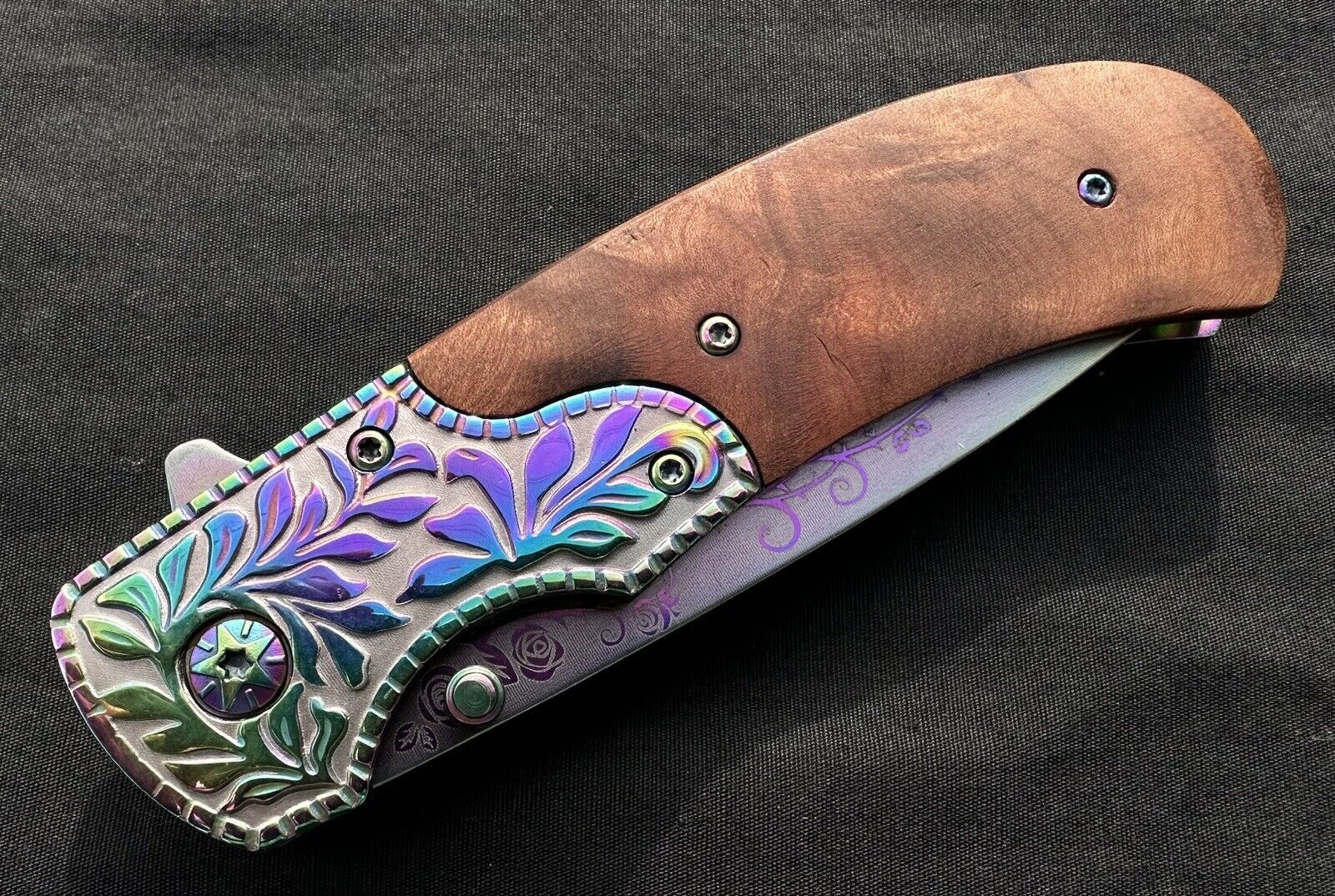 Folding Pocket Knife Rainbow Burlwood Handle Rose Engraved Design Full Size 🌹