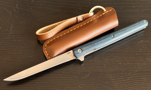 Slim Pocket Knife Blue Wood Handle Razor Sharp M390 Steel CEO Leather Sheath