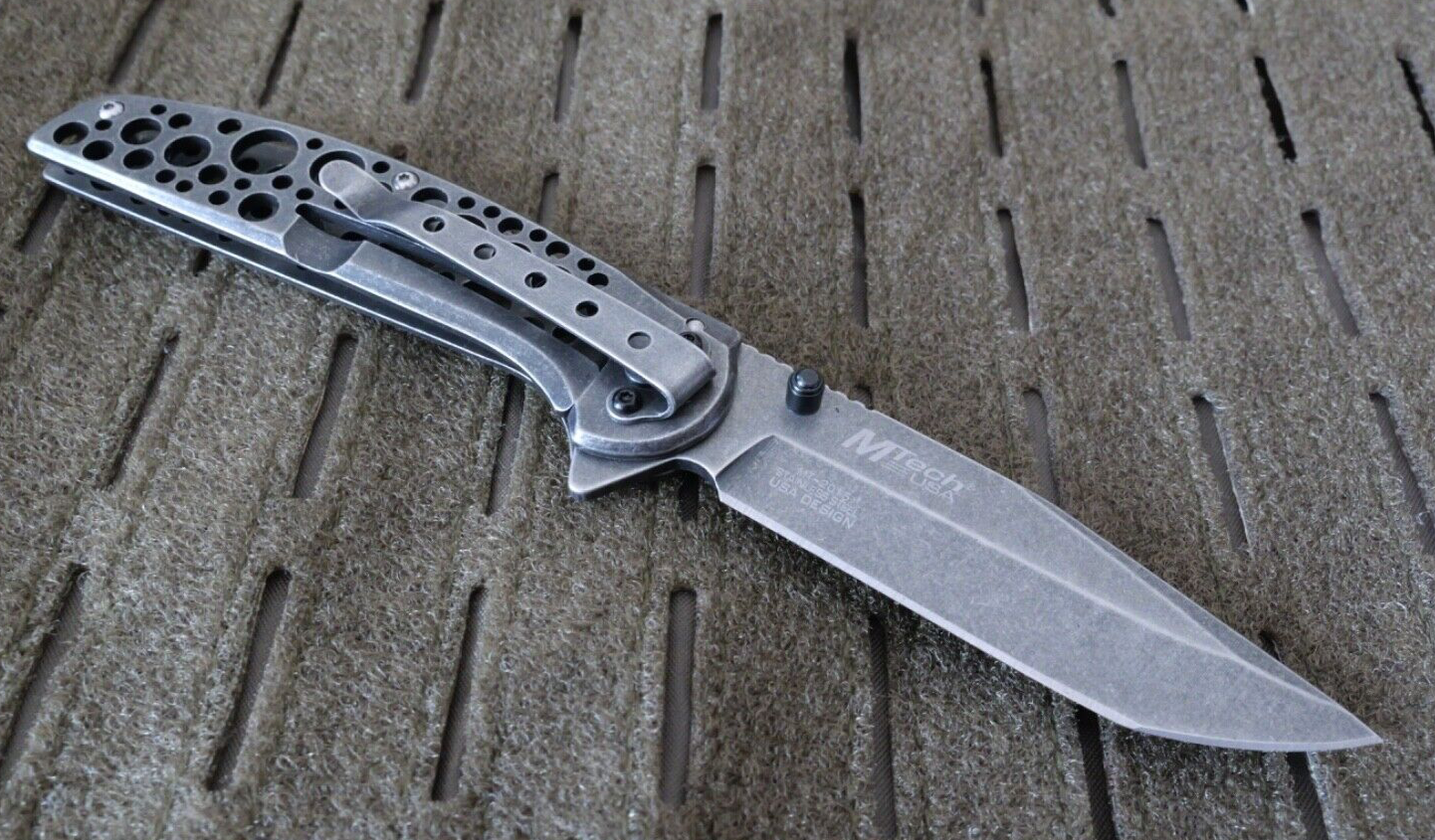 Modern Pocket Knife All Metal Manual Open Full Size 8” Overall Tanto Dark Gray