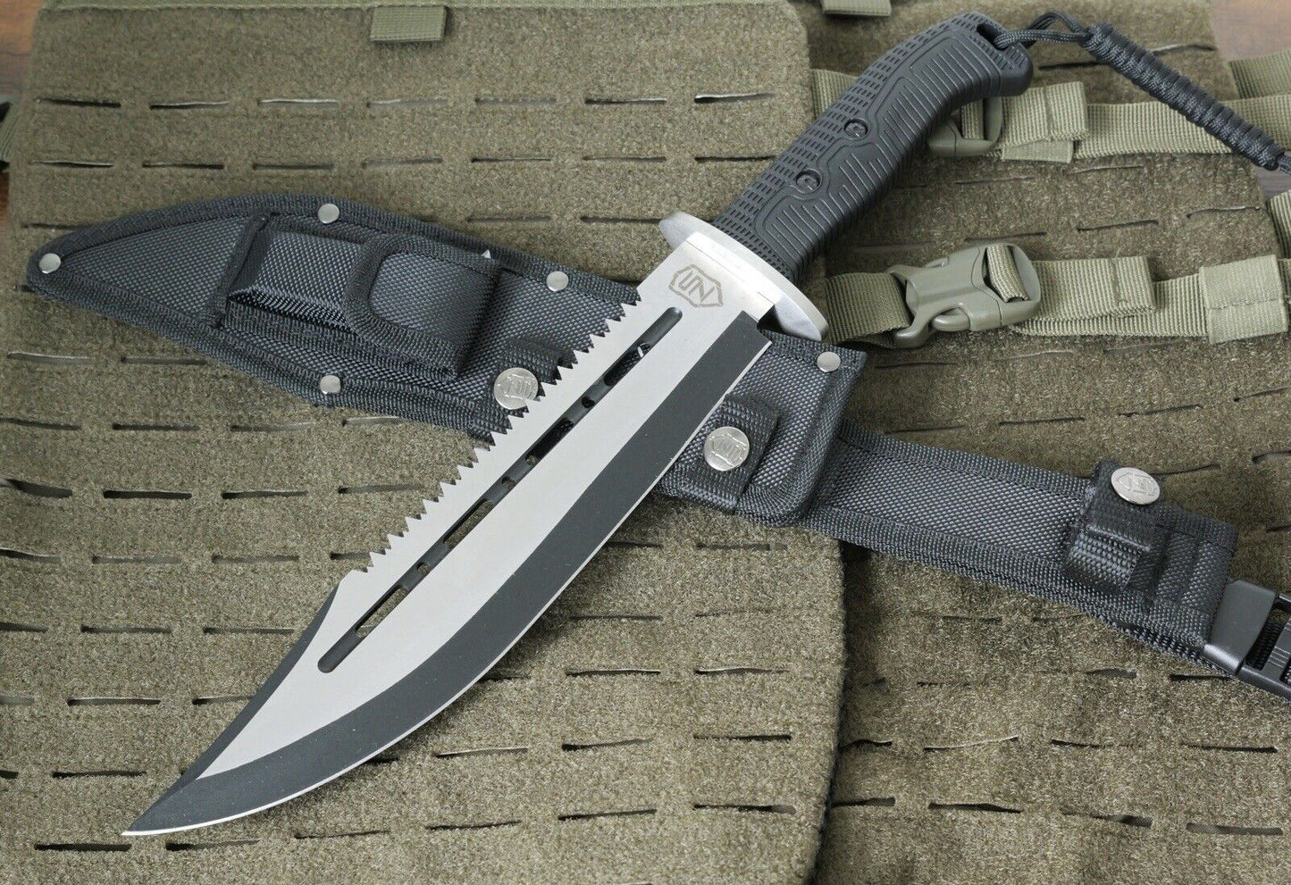 16” Fixed Blade Survival Knife Durable Rugged Tactical Black Sawback Sheath