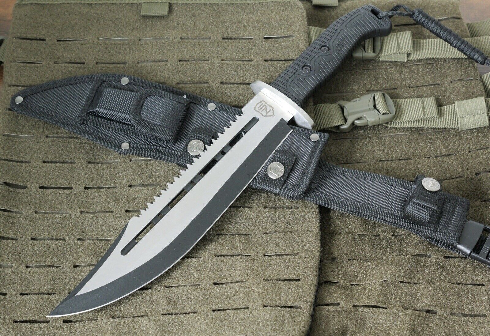 16” Fixed Blade Survival Knife Durable Rugged Tactical Black Sawback Sheath