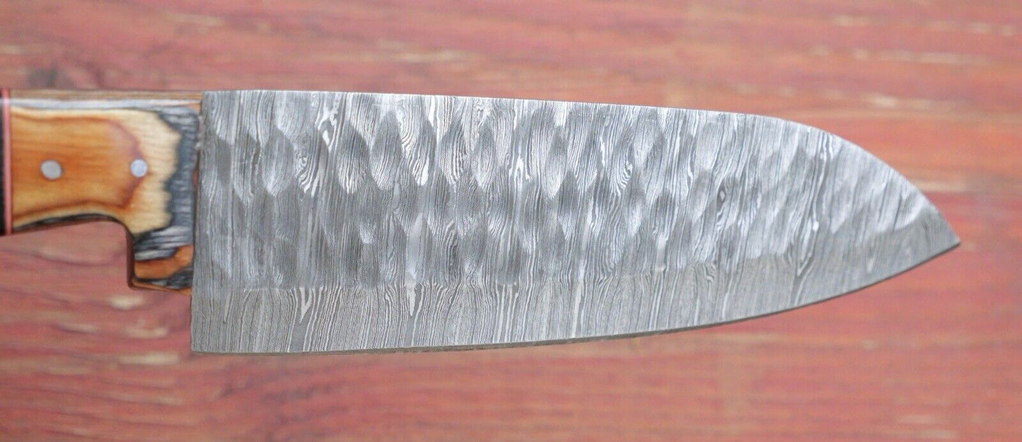 Chef Knife Roll Set Hammered Damascus Blade 12” 5pc Set Leather Sheath Cleaver