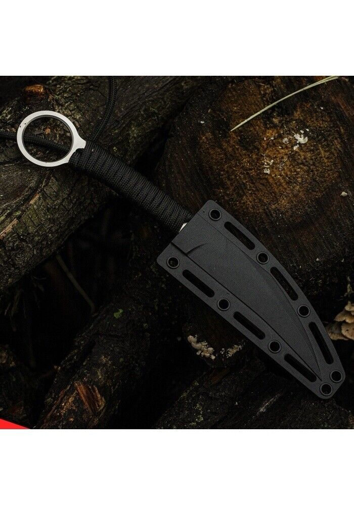 8” Slim Neck Knife Sharp Sheath Full Tang Black Tactical Stealth Wharncliffe