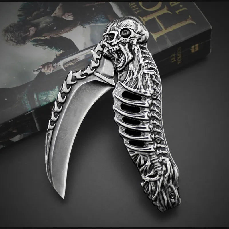 Skeleton Pocket Knife Spring Assisted Grim Reaper Design 8" Open Folding Knife Skull Scythe Blade