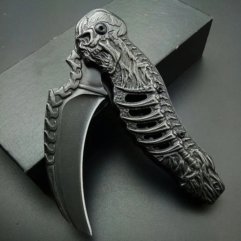 Skeleton Pocket Knife Spring Assisted Grim Reaper Design 8" Open Folding Knife Skull Scythe Blade