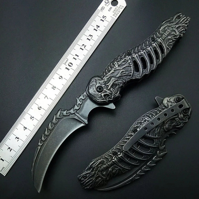 Skeleton Pocket Knife Spring Assisted Grim Reaper Design 8" Open Folding Knife Skull Scythe Blade