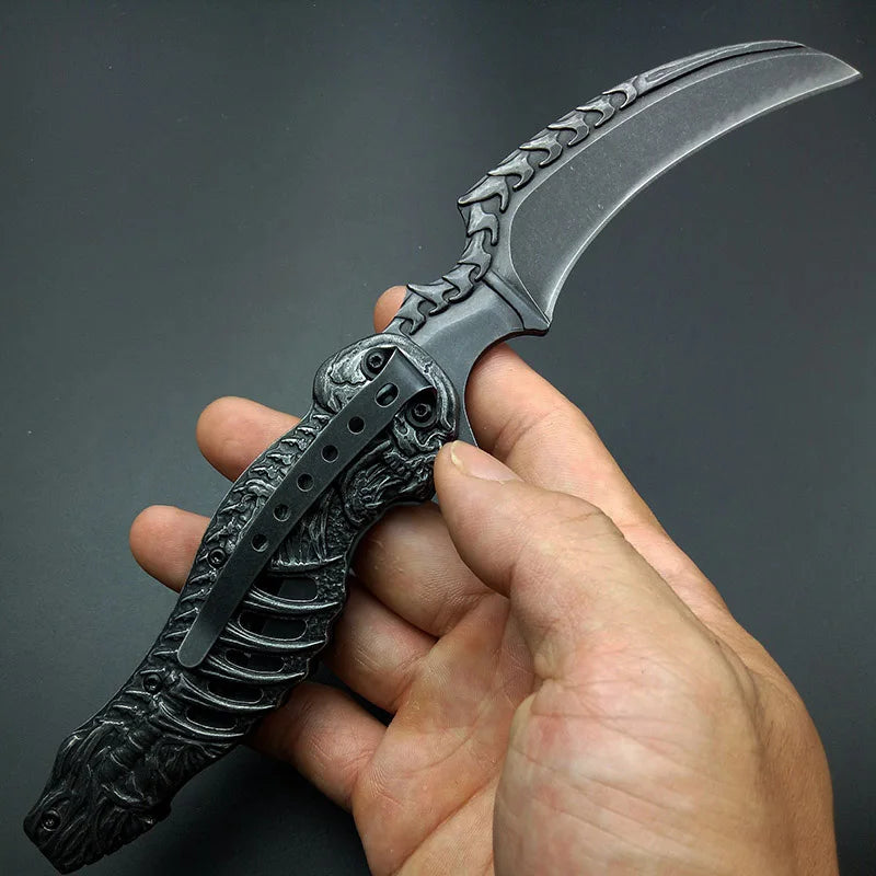 Skeleton Pocket Knife Spring Assisted Grim Reaper Design 8" Open Folding Knife Skull Scythe Blade