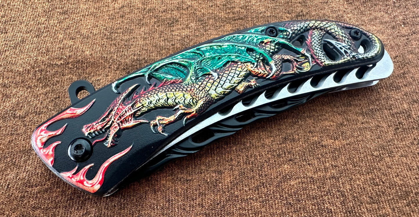 Dragon Flame Folding Pocket Knife Spring Assist Pocket Clip 3.5” Blade Tactical Full Size