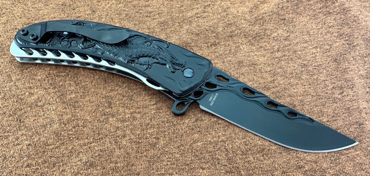 Dragon Flame Folding Pocket Knife Spring Assist Pocket Clip 3.5” Blade Tactical Full Size