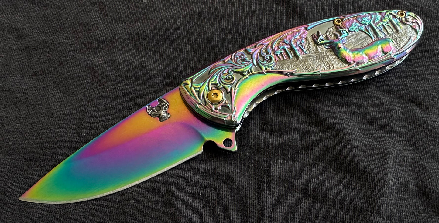 Deer Pocket Knife Metal Handle Rainbow Design Sharp Pocket Clip EDC Full Size Spring Assisted 8 Inches Overall