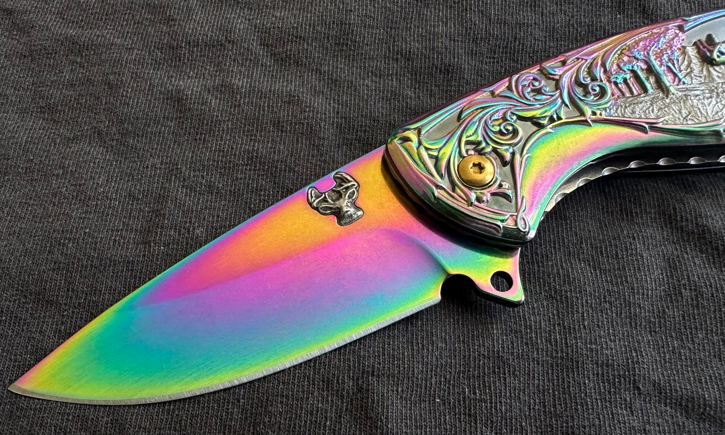 Deer Pocket Knife Metal Handle Rainbow Design Sharp Pocket Clip EDC Full Size Spring Assisted 8 Inches Overall