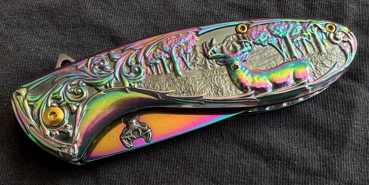 Deer Pocket Knife Metal Handle Rainbow Design Sharp Pocket Clip EDC Full Size Spring Assisted 8 Inches Overall