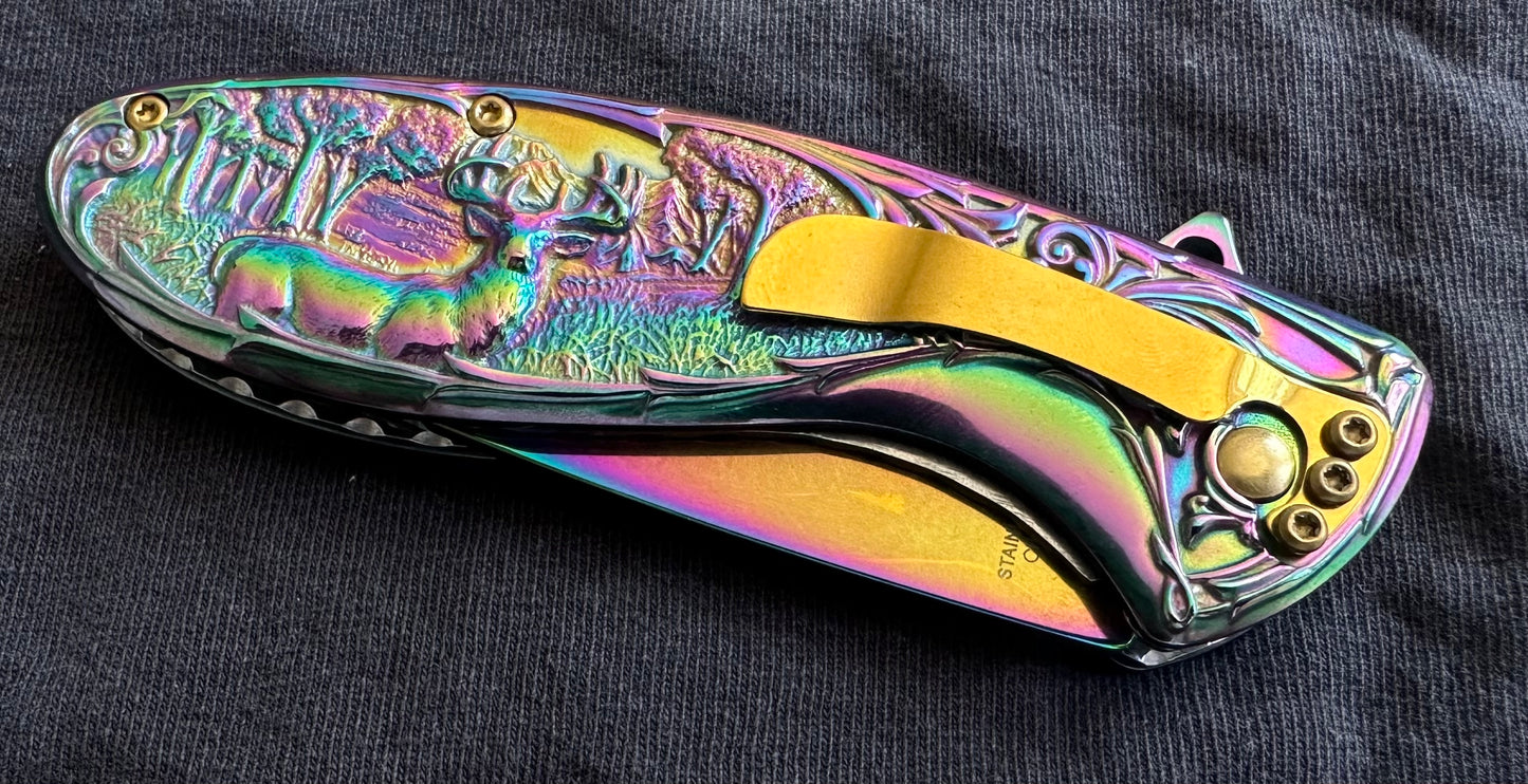 Deer Pocket Knife Metal Handle Rainbow Design Sharp Pocket Clip EDC Full Size Spring Assisted 8 Inches Overall