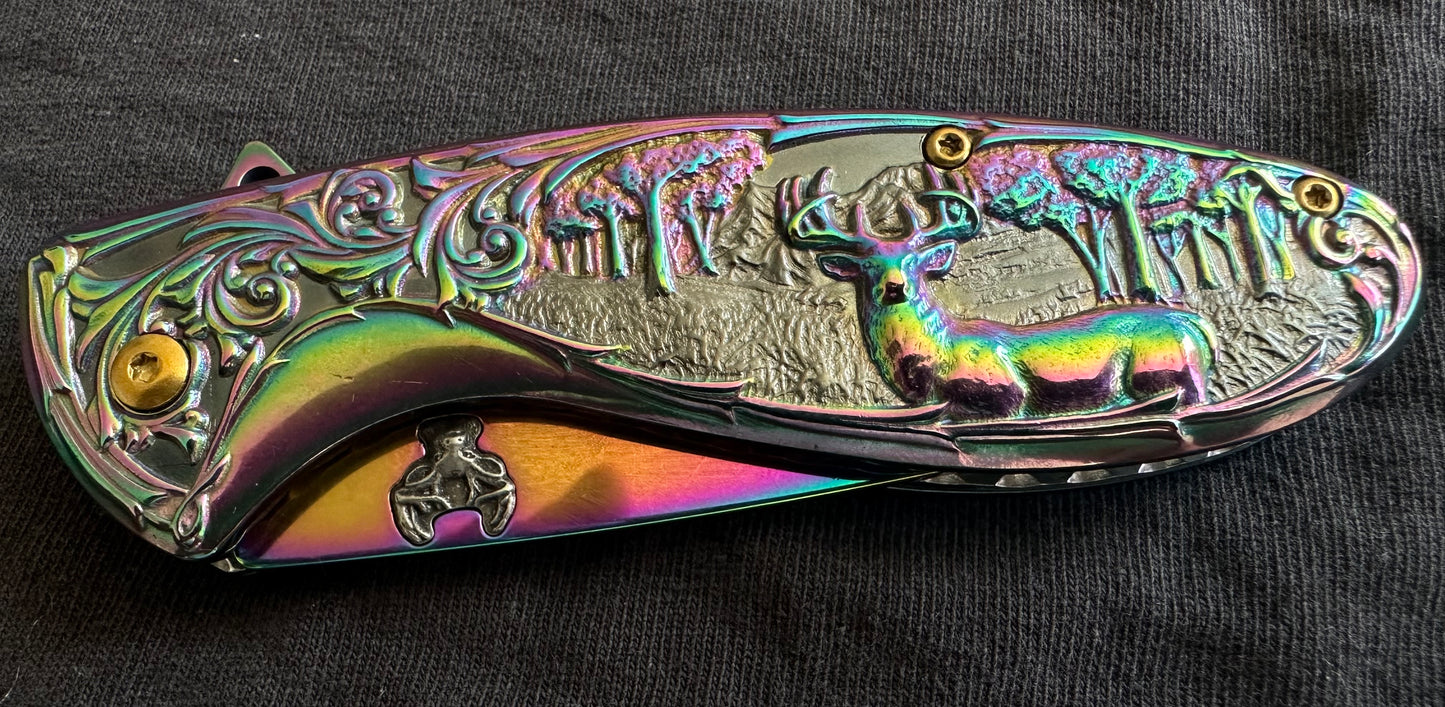 Deer Pocket Knife Metal Handle Rainbow Design Sharp Pocket Clip EDC Full Size Spring Assisted 8 Inches Overall