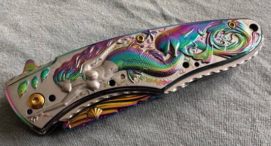 Folding Pocket Knife Mermaid Dolphin Seashell Metal Handle 8” Overall 3.5” Blade Full Size Tactical