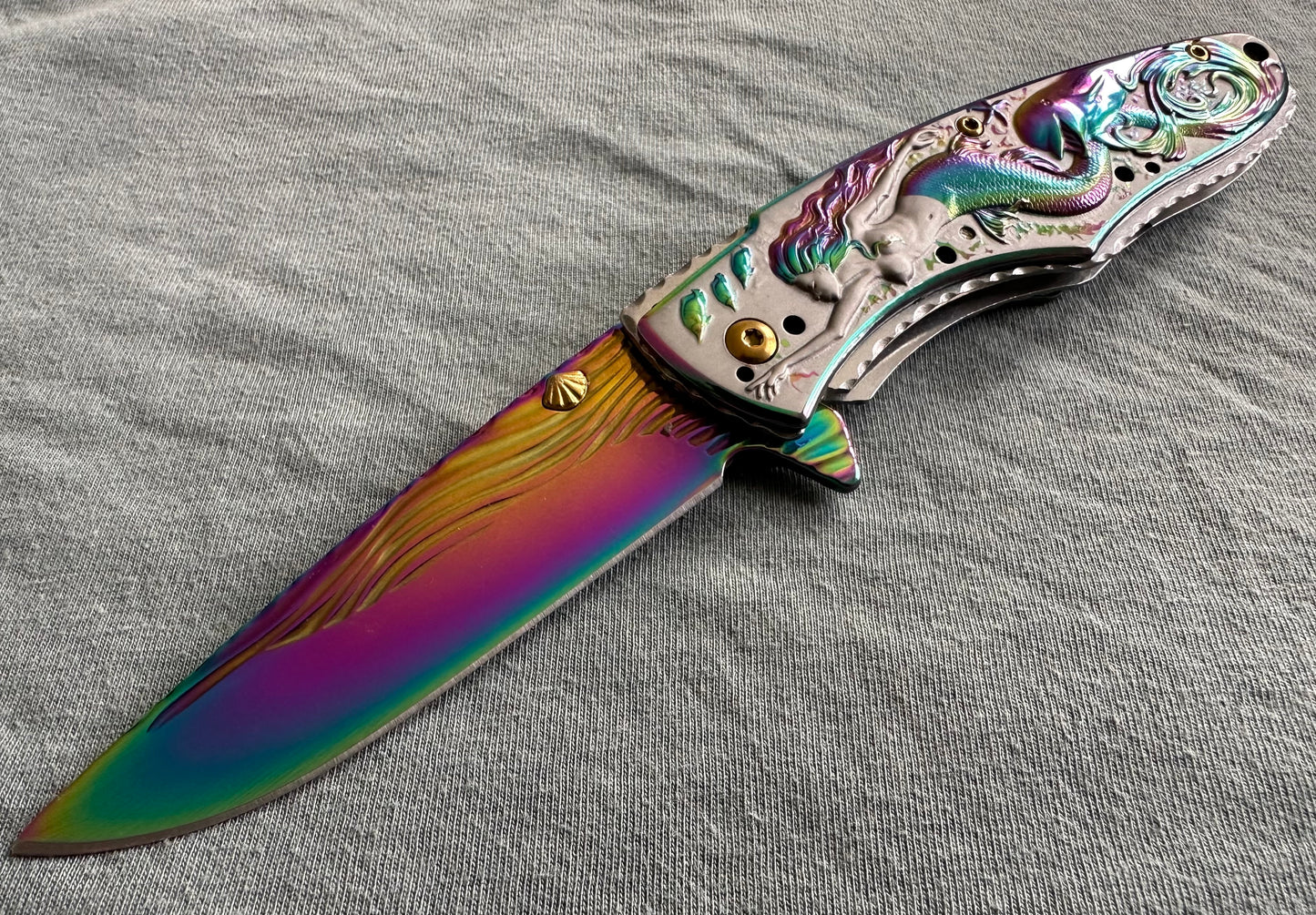 Folding Pocket Knife Mermaid Dolphin Seashell Metal Handle 8” Overall 3.5” Blade Full Size Tactical