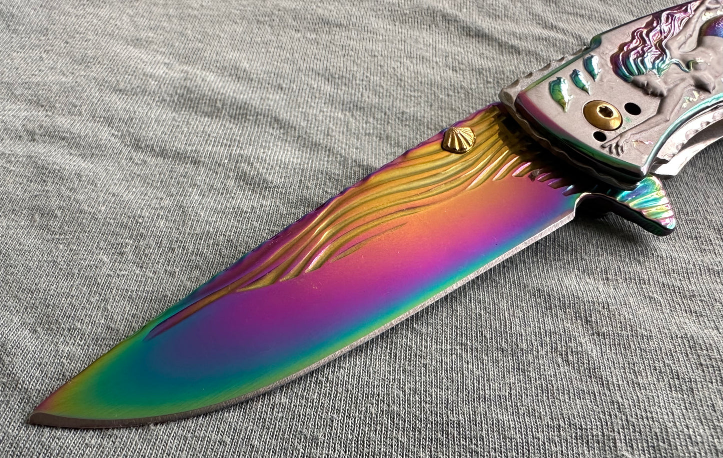 Folding Pocket Knife Mermaid Dolphin Seashell Metal Handle 8” Overall 3.5” Blade Full Size Tactical