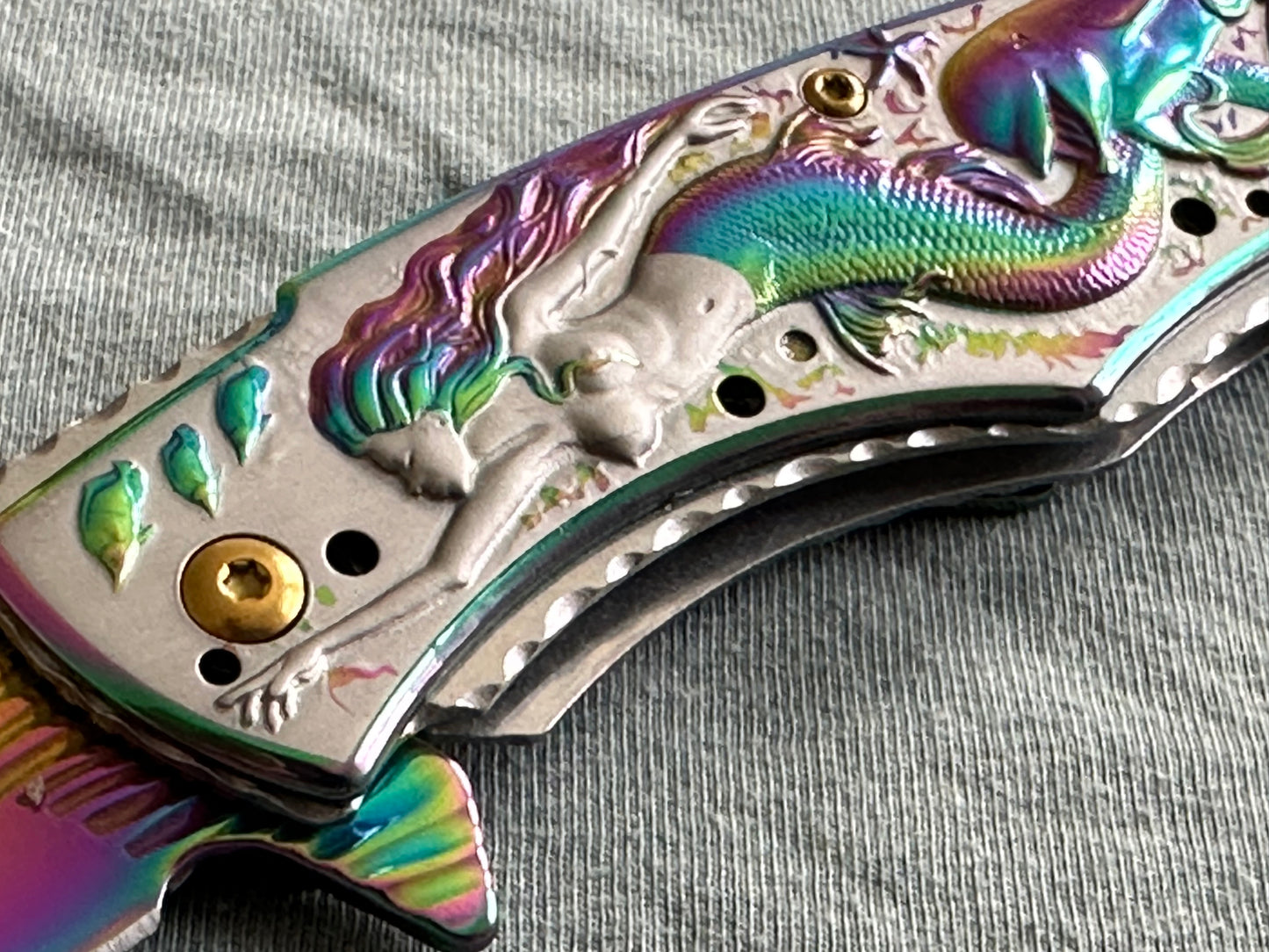 Folding Pocket Knife Mermaid Dolphin Seashell Metal Handle 8” Overall 3.5” Blade Full Size Tactical