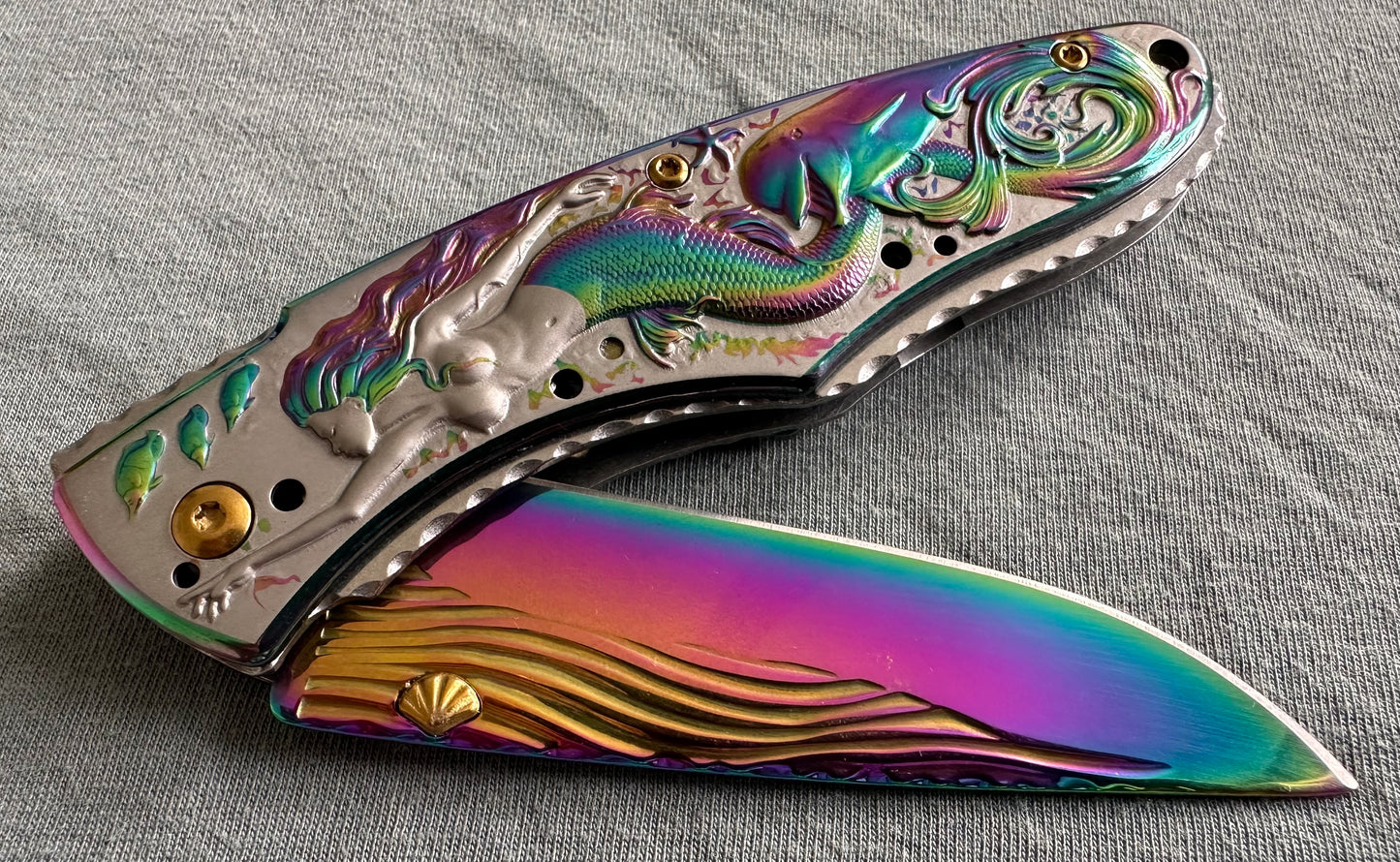 Folding Pocket Knife Mermaid Dolphin Seashell Metal Handle 8” Overall 3.5” Blade Full Size Tactical