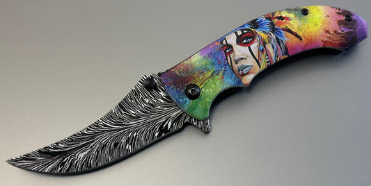 Full Size Folding Pocket Knife Native Rainbow Queen Feather Design Blade 4.5” Belt Clip