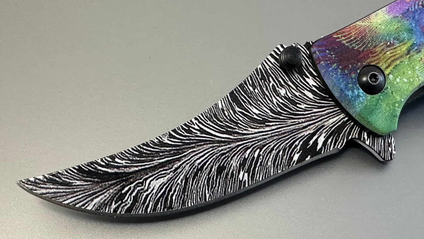 Full Size Folding Pocket Knife Native Rainbow Queen Feather Design Blade 4.5” Belt Clip