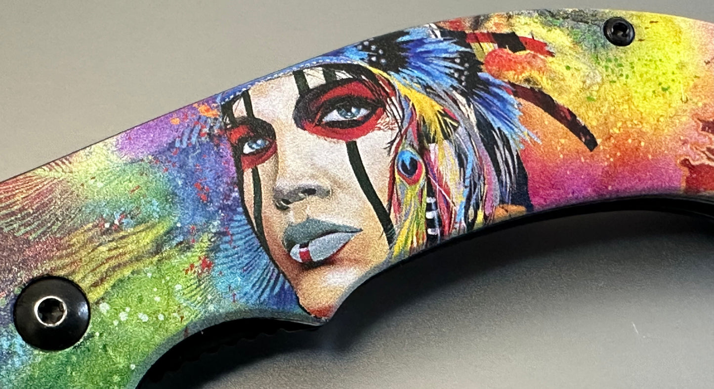 Full Size Folding Pocket Knife Native Rainbow Queen Feather Design Blade 4.5” Belt Clip