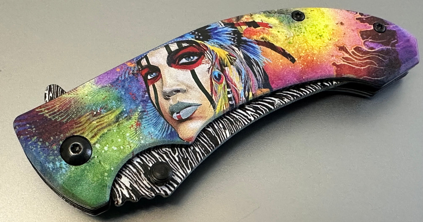 Full Size Folding Pocket Knife Native Rainbow Queen Feather Design Blade 4.5” Belt Clip