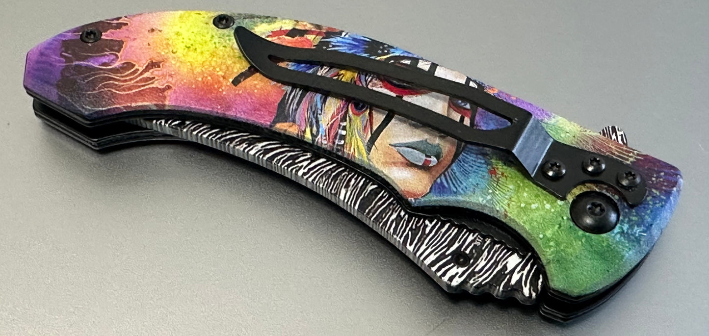 Full Size Folding Pocket Knife Native Rainbow Queen Feather Design Blade 4.5” Belt Clip