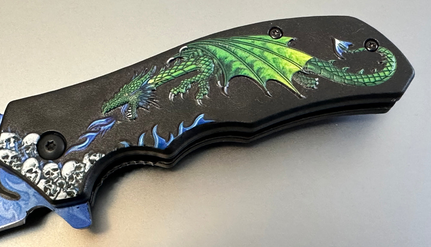 Green Dragon Pocket Knife Full Size Blue Flames 4.5 Inches 440 Steel EDC Clip