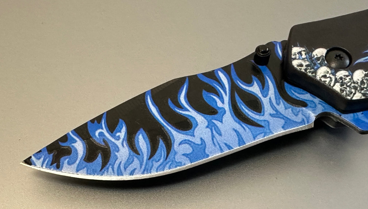 Green Dragon Pocket Knife Full Size Blue Flames 4.5 Inches 440 Steel EDC Clip