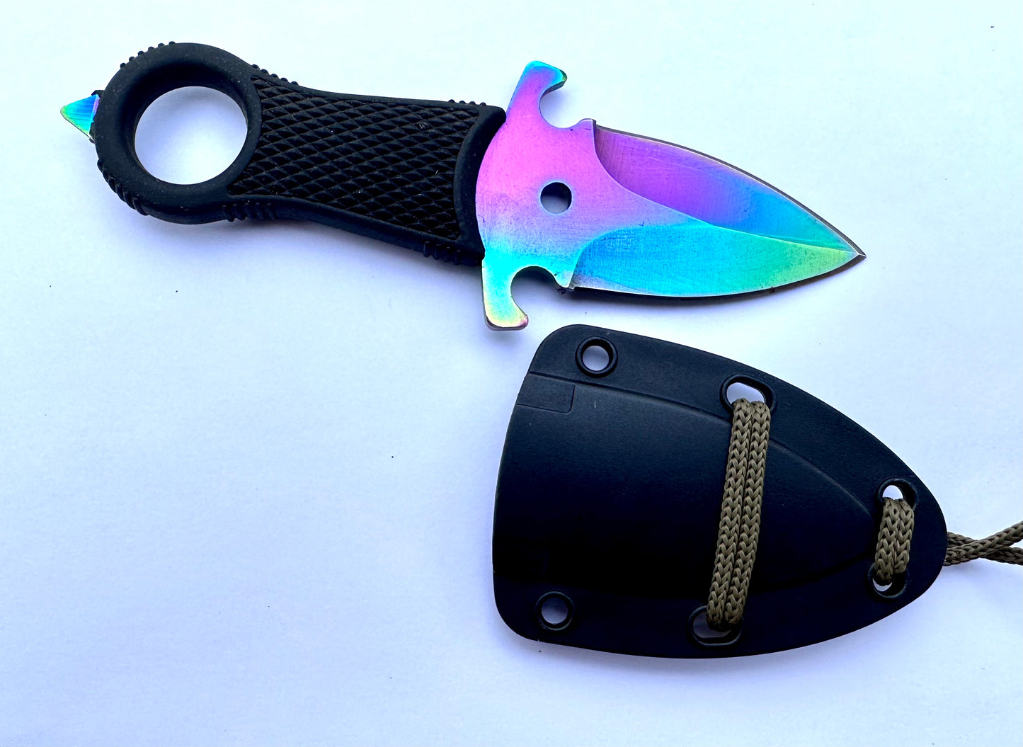 Tattva Tactical Kunai Neck Knife Rubber Handle Glass Breaker Hard Sheath 2.25" Spear Point Blade Rainbow Colour 5.5" Overall Length