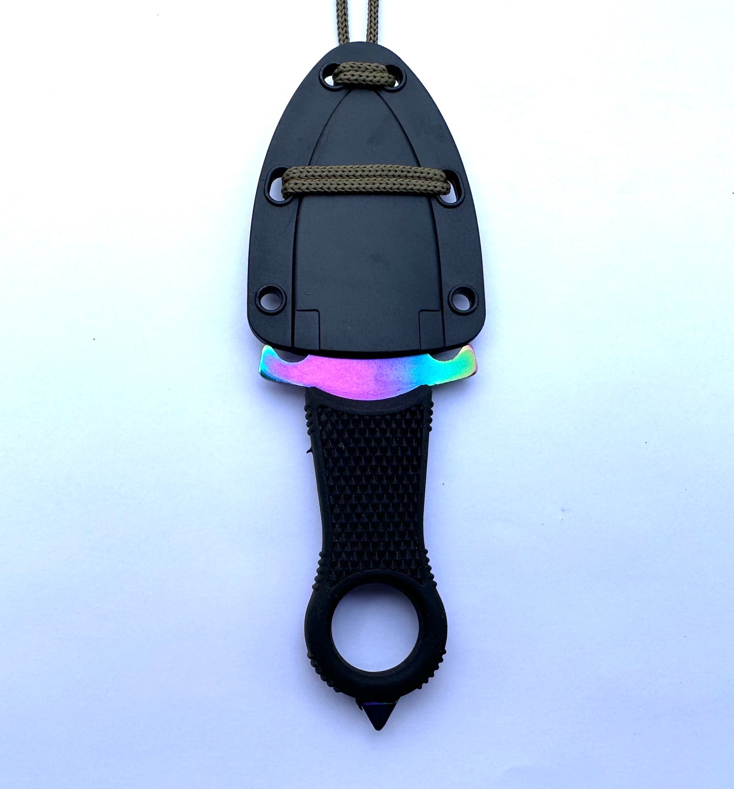 Tattva Tactical Kunai Neck Knife Rubber Handle Glass Breaker Hard Sheath 2.25" Spear Point Blade Rainbow Colour 5.5" Overall Length